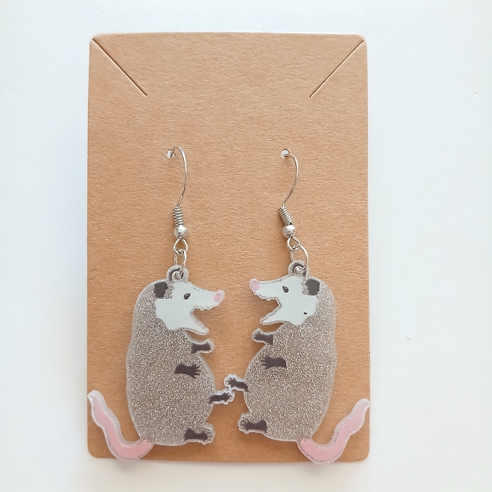 Fashion Jewelry Pink and Gray Possum Earrings